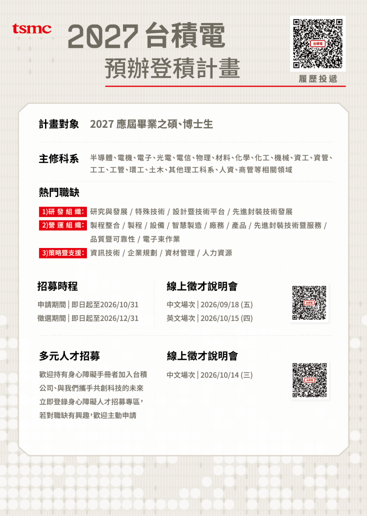 tsmc 2026 秋季校園徵才_DM